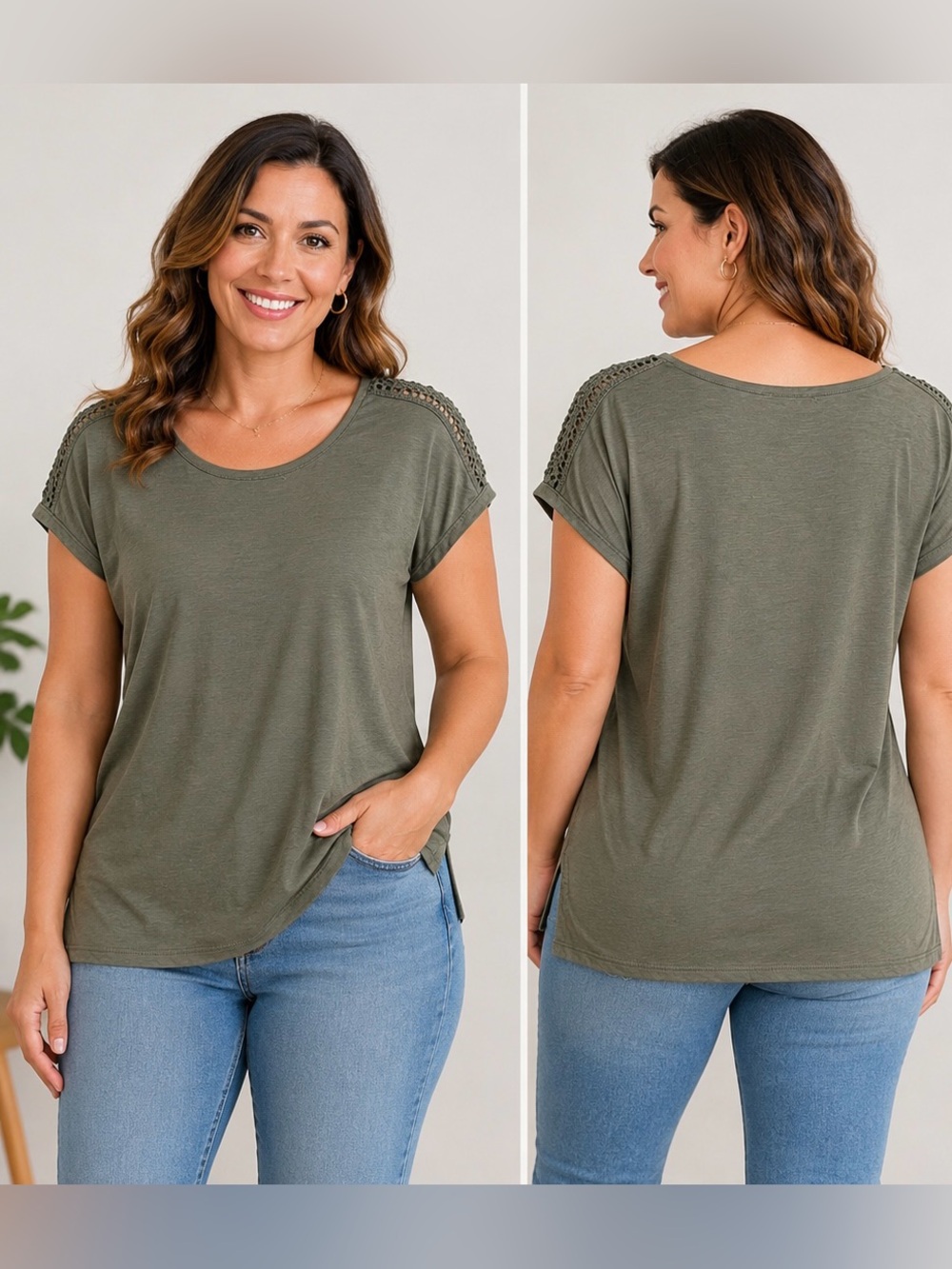 Cable & Gauge Olive Green Crochet Trim Top – Women’s Size M